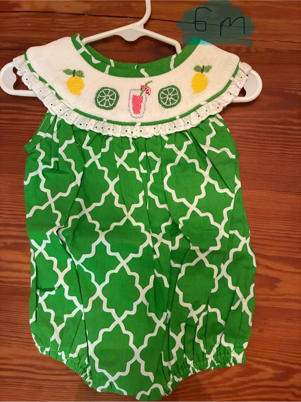 Green Geometric Baby Romper with Embroidered Lemon Collar